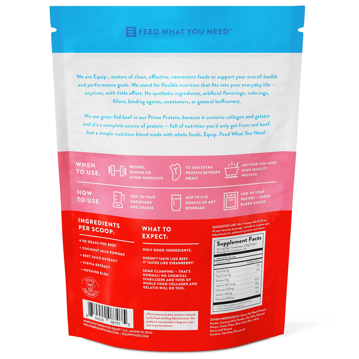 Equip Foods Prime Protein Powder | Clean, Grass Fed Beef Protein Isolate | Carnivore Protein Powder | Paleo, Keto Friendly | Gluten, Dairy Free | Helps Build & Repair Tissue | 30 Servings, Strawberry