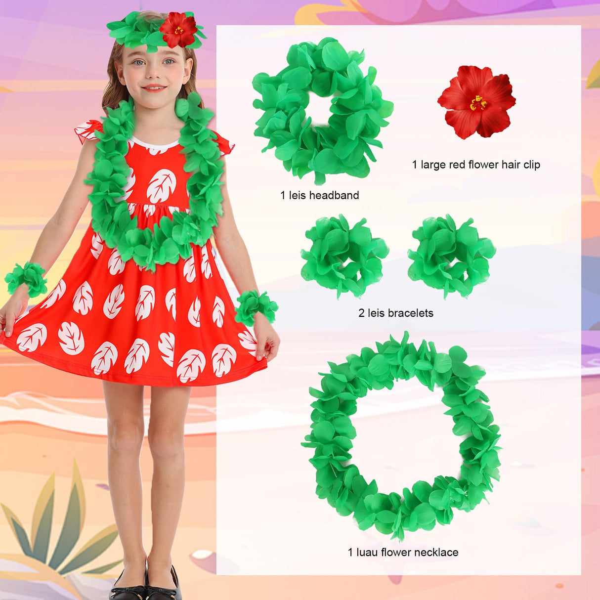 Benylion Hawaiian Dress for Girls Red Leaf Dress With Flowers Hairpin Summer Dresses Halloween Christmas Costumes Party Wear 7-8 Years