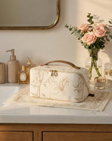 EACHY Travel Makeup Bag, Floral Cosmetic Bag for Women, Beige, Medium
