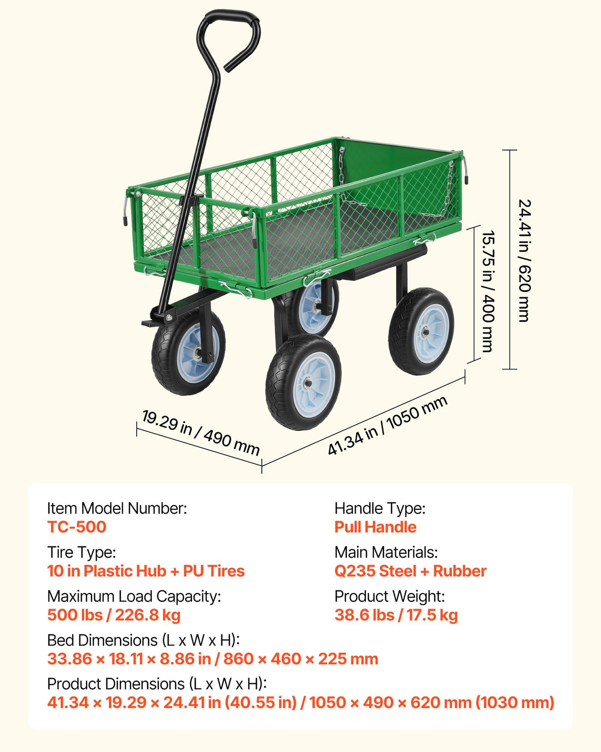 VEVOR 500 LBS Steel Garden Cart with Work Seat, Heavy Duty Garden Wagon Cart on Wheels, Outdoor Metal Utility Yard Wagon Gardening Stool with 10inch Flat Free Tires & Adjustable Handle, Green