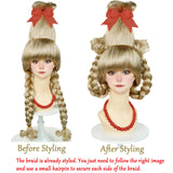 Kids Blonde Braided Wig with Red-bow Earrings, Christmas Cindy Wig with Accessories for Halloween Christmas Costume Party