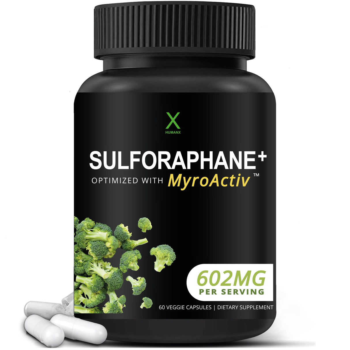 HUMANX Sulforaphane+ 602mg - USA Third Party Tested - Sulforaphane with Broccoli Seed Extract & Moringa - Supports Antioxidant Production, Detoxification, & Cellular Health - Broccoli Supplement
