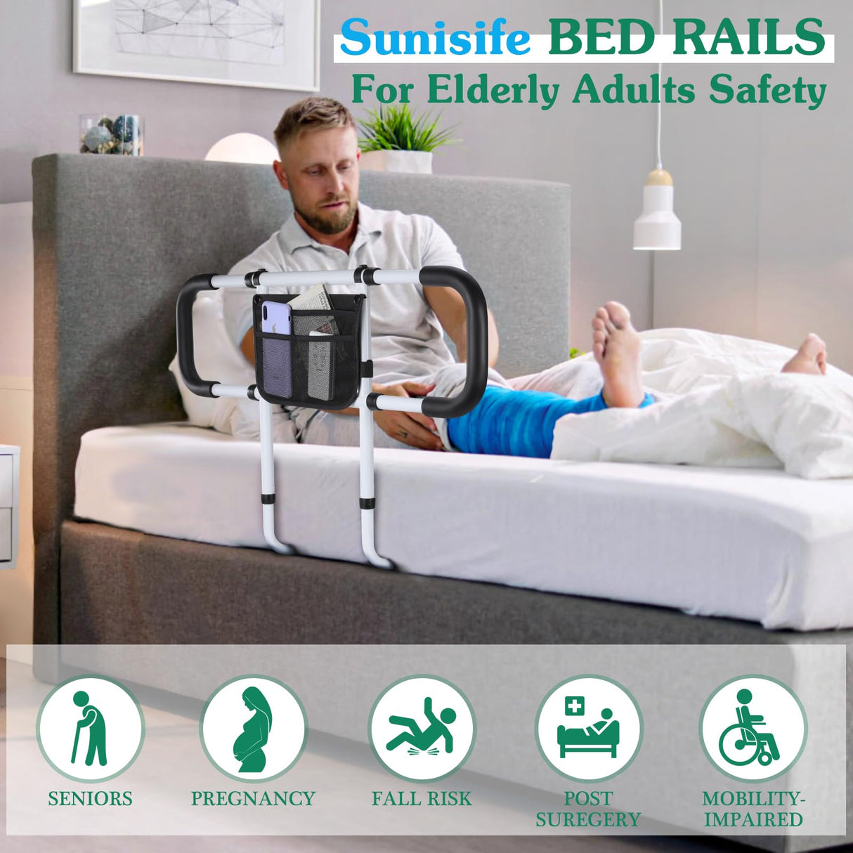 Bed Rails for Elderly Adults Safety - Extended Bed Assist Rail for Seniors - Adjustable Bed Side Rails Handle Support Bar Bed Guard Rail with Storage Bag & Fixing Strap, Fit King Queen Full Twin Bed