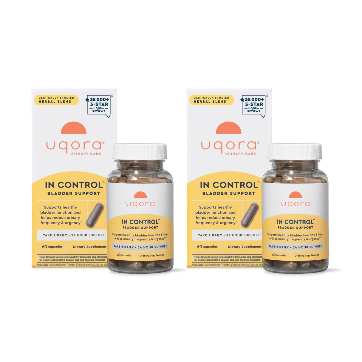 Uqora in Control Bladder Support - Daily Bladder Care & Support for Urinary Comfort - Made with botanicals, Like Horsetail & Spicebush - Gluten-Free & Vegetarian - 120 Capsules (2 Pack)
