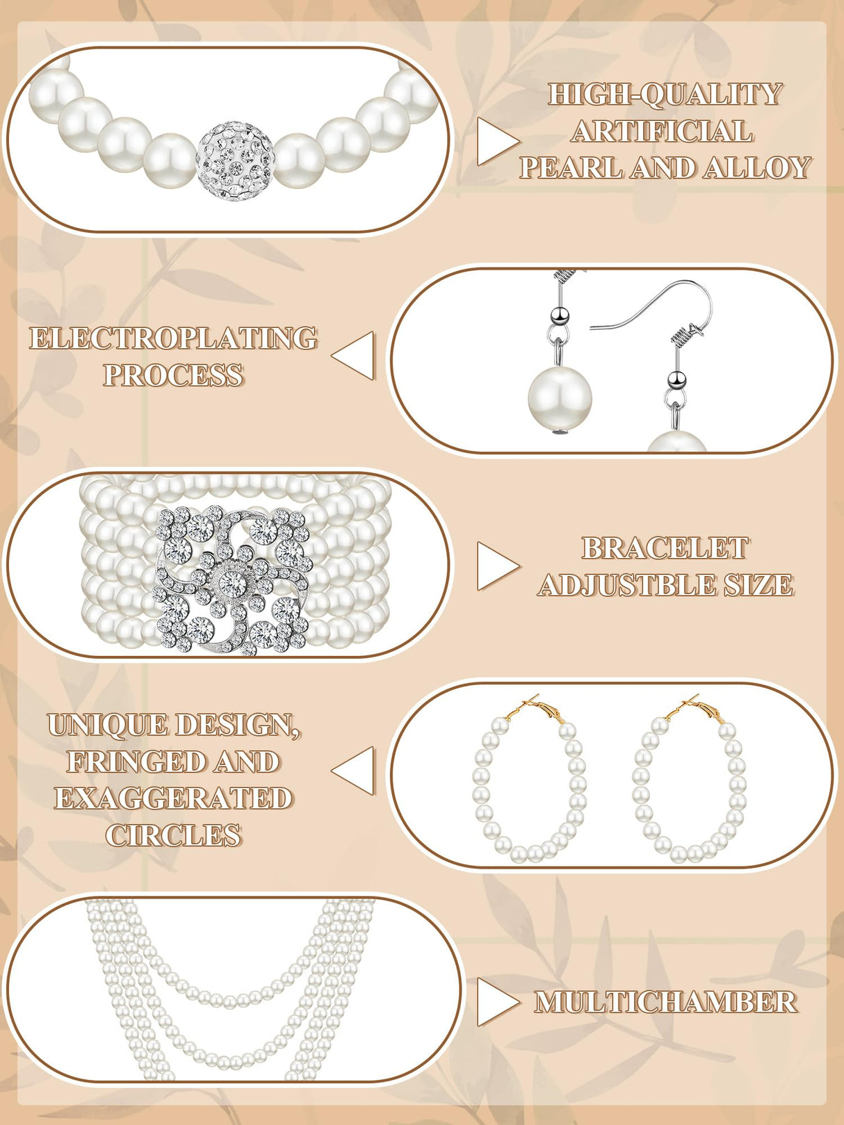 BBTO 8 Pcs Pearl Necklace and Earring Set for Women Faux Pearl Bracelet Costume Jewelry Set for Wedding Bridal Shower Party(Classic Style)