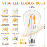 GvvooHome Edison Bulbs, E26 LED Bulb 60 watt Equivalent, Non-Dimmable, Soft White 2700K, ST58 Vintage Light Bulbs, 90+ CRI, 6W 600LM, E26 Medium Base, Clear Glass, 12 Pack