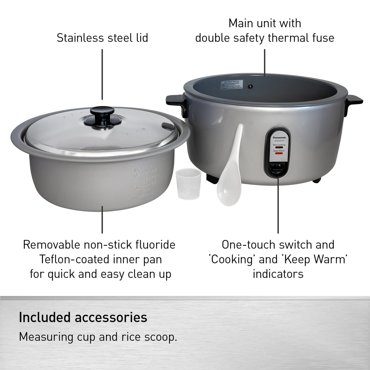 Panasonic Commercial Electric Rice Cooker, 120V Extra-Large Capacity 60-Cup (Cooked), 30-Cup (Uncooked) with One-Touch Operation - SR-GA541FH - Silver