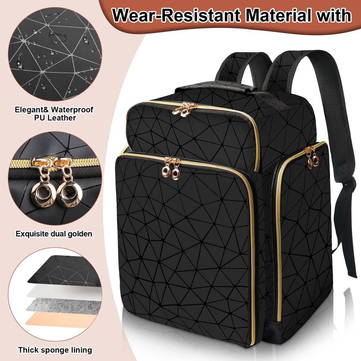 Ahzske Elegant Black Backpack Organizer, Holds 126 Nail Bottles, Extra Large Nail Kit Supplies Storage with 3 Removable Cases, PU Leather Organizer for Travel