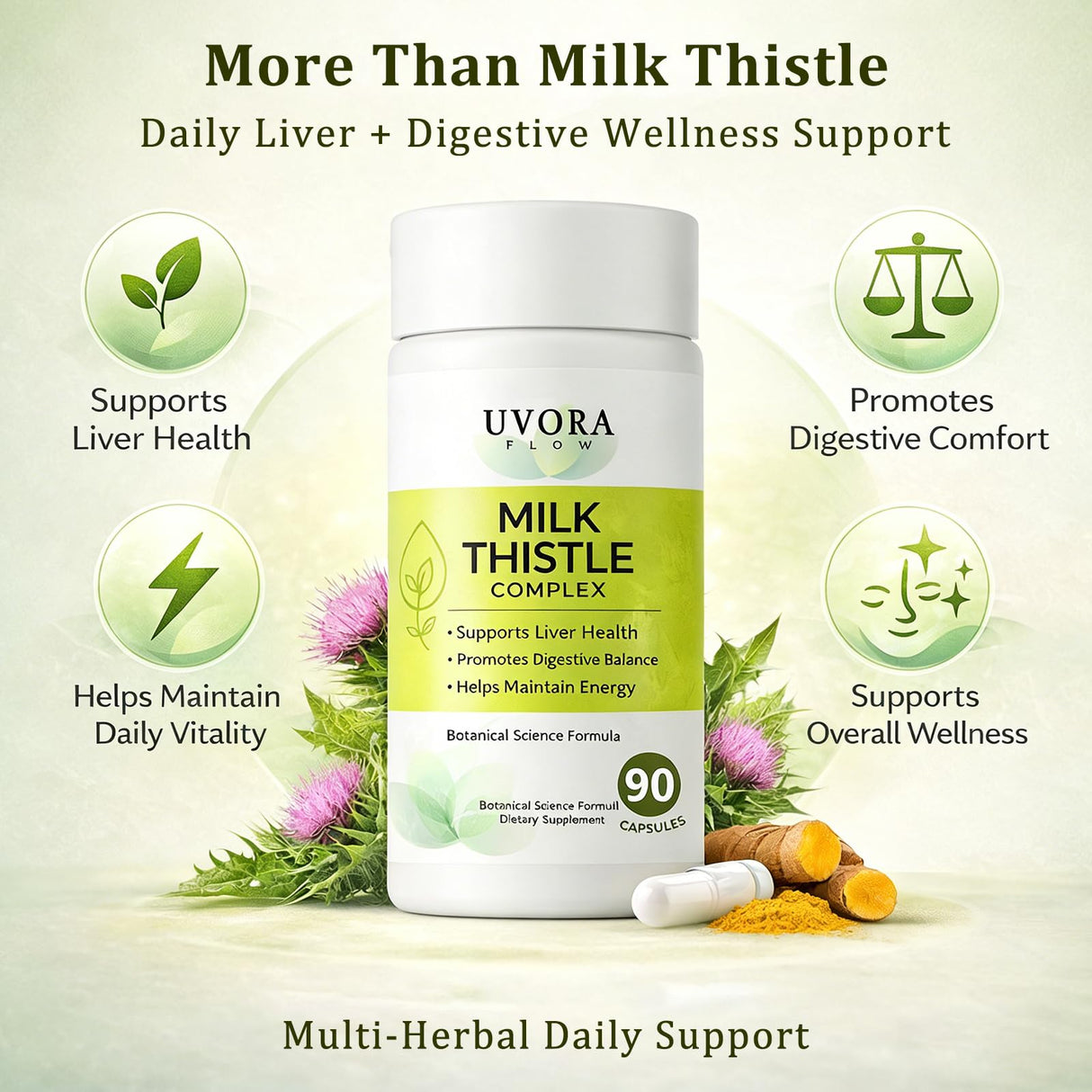 uvora Milk Thistle Capsules, Plant-Based Ingredient Formula with Turmeric, Inositol & Vitamin C – 60 Vegetarian Capsules, Non-GMO, Gluten Free