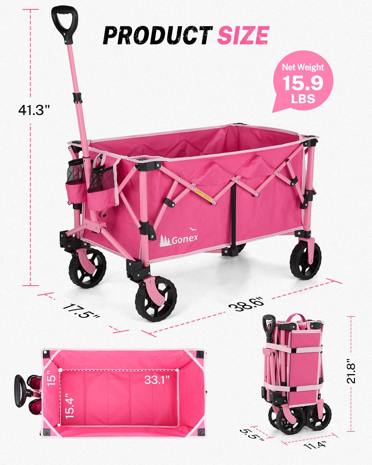 Gonex 38" L Collapsible Wagon Cart Foldable, 220L Folding Utility Cart Pink