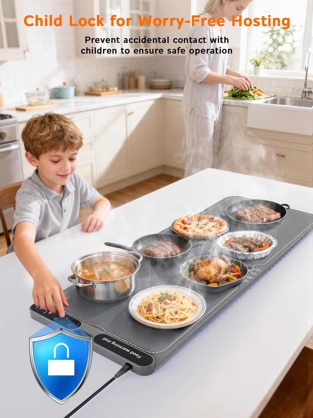 FZF Warming Mat for Food, 40"x15" Extra Large Electric Food Warming Mat, 7 Temp Level and 8 Timer Setting, Rollable Silicone Food Warmer for Buffet, Party, Gatherings (Grey)