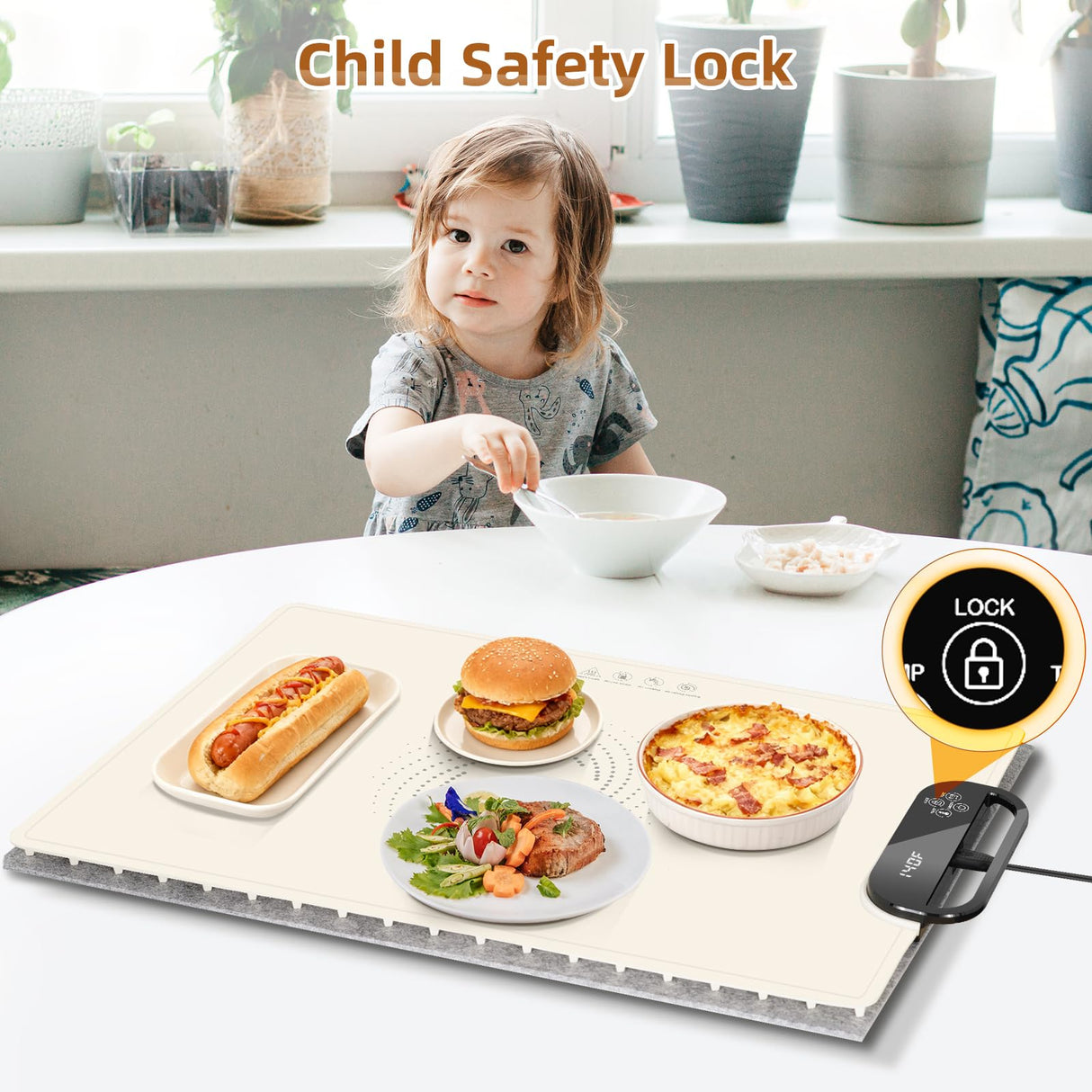 Food Warming Mat – Fast Heating Electric Warming Tray with 7 Temp Settings, 11-Hour Timer & Auto Shut-Off, Foldable Silicone Mat with Child Lock, Portable Warming Pad for Buffets, Holidays – Beige