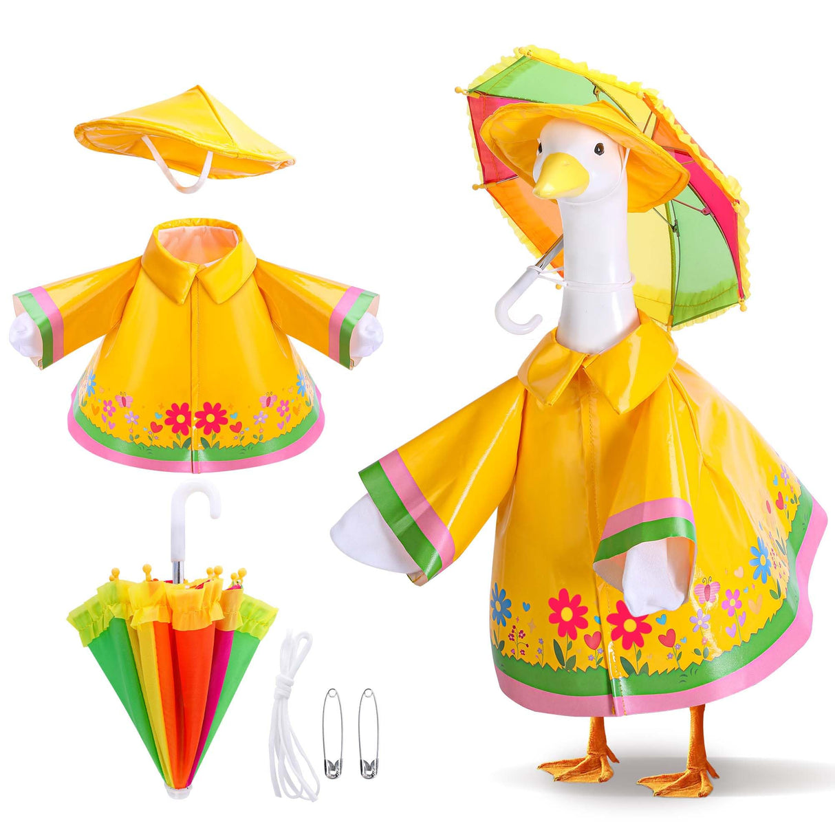 DECOHS 3 Pcs/Set Raincoat Porch Goose Outfits, Summer Lawn Goose Statue Raincoat Costume, Yard Goose Clothes Raincoats Umbrella Hat Outfit for 23" Statue Patio Garden Decoration (Yellow)