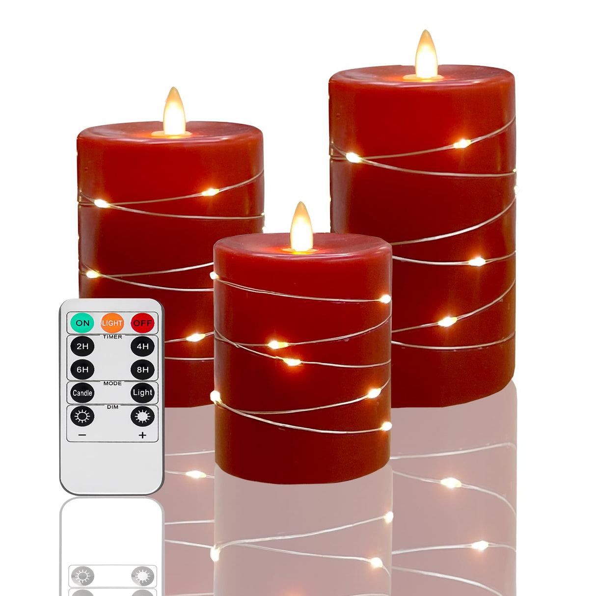 Fanzir Red flameless Candles with Remote Control Timer Battery Operated LED Pillar Candles 4‘’ 5‘’ 6‘’ Fake Candles with String Lights Set of 3 for Christmas or Special Festivals Decorations