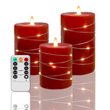 Fanzir Red flameless Candles with Remote Control Timer Battery Operated LED Pillar Candles 4‘’ 5‘’ 6‘’ Fake Candles with String Lights Set of 3 for Christmas or Special Festivals Decorations