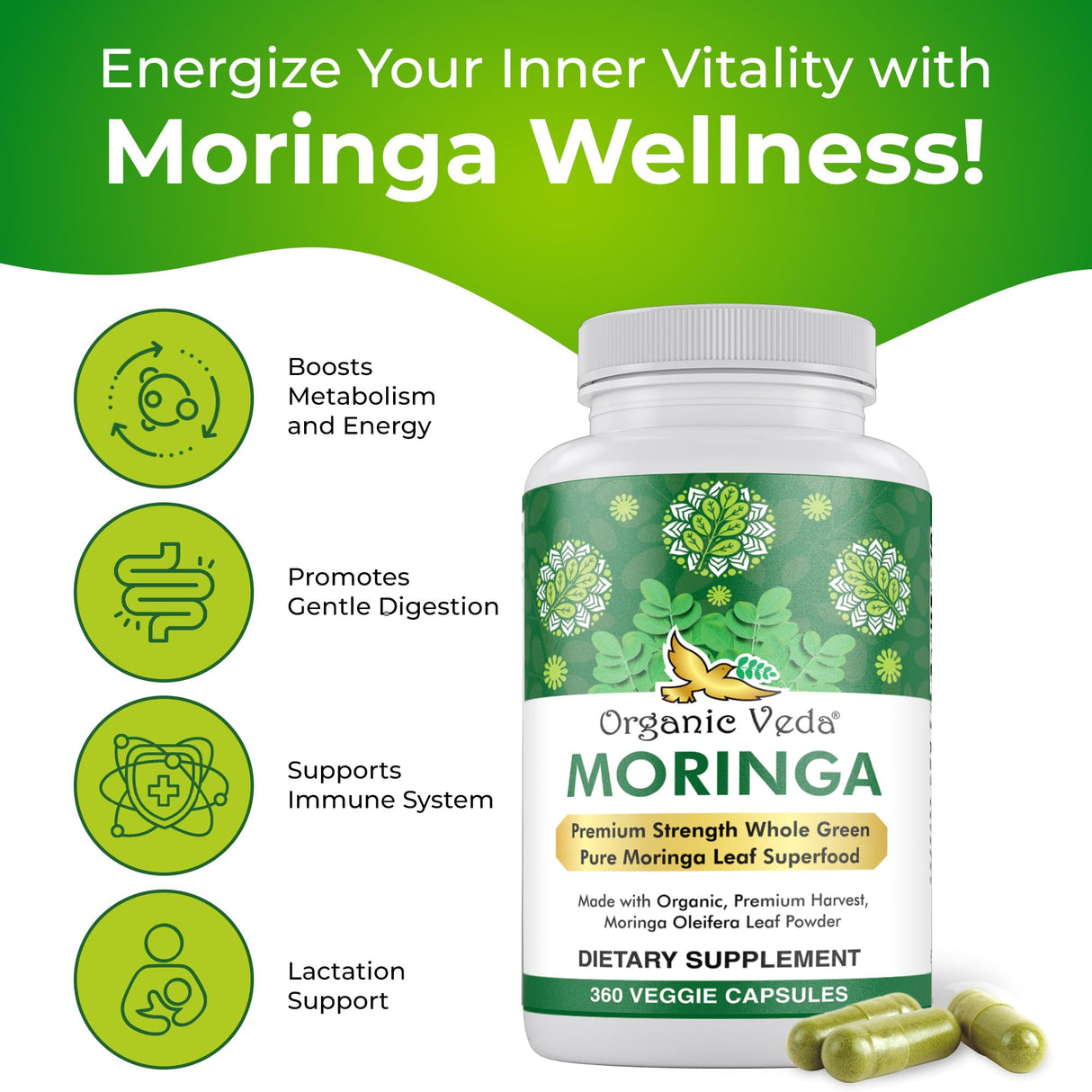 Organic Veda Moringa Leaf Powder Capsules, 1000mg, 360 Count - True Green Native Organic Moringa Oleifera, Premium Strength Nutrient Dense 100% Pure Leaves - Energy, Sleep & Immunity Support - Vegan