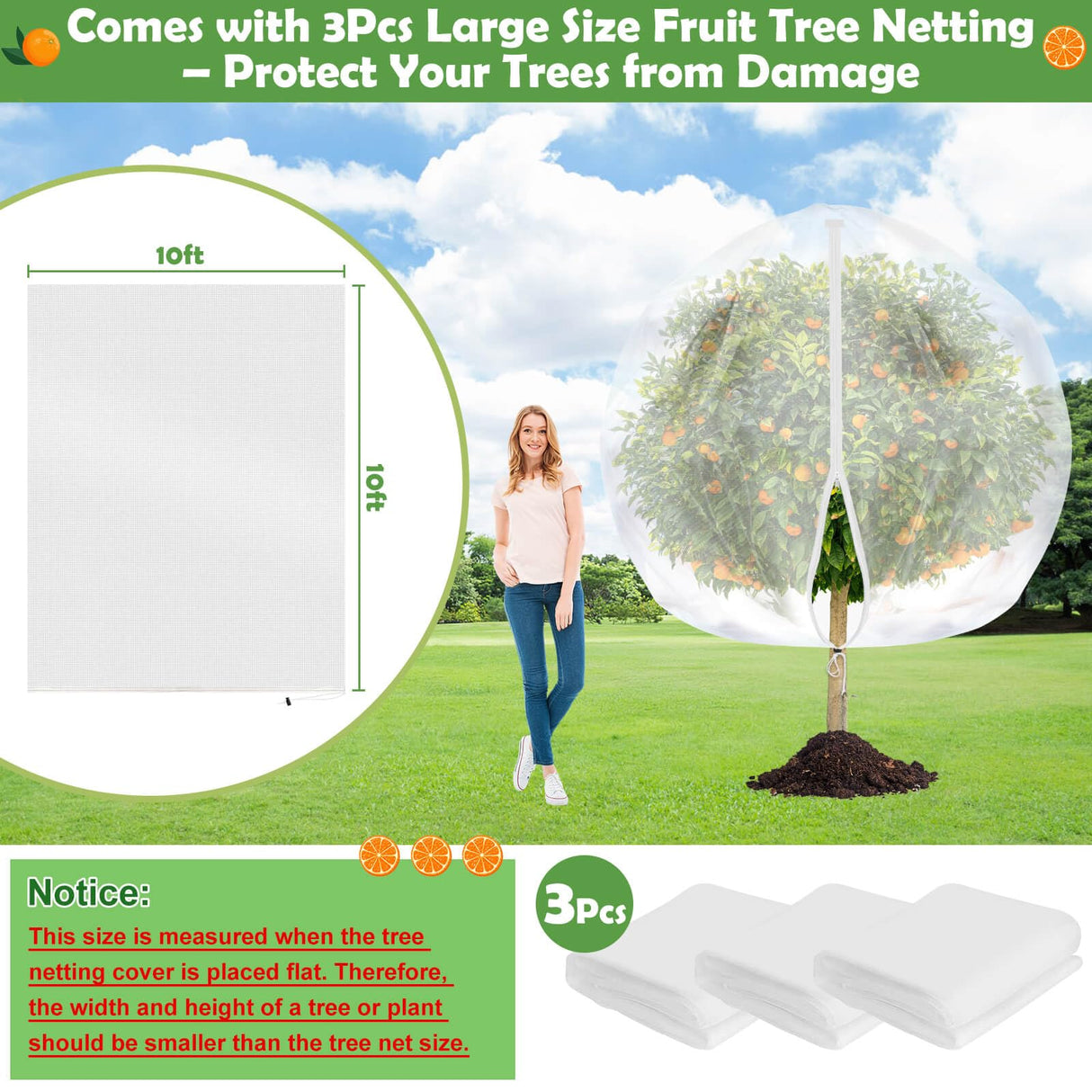 Tetutor 10x10 FT Fruit Trees Netting,3Pcs Large Tree Nets for Fruit Trees