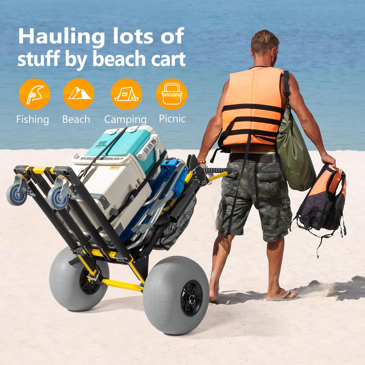 Bonnlo Beach Cart with 12" Big Balloon Wheels for Sand, Foldable 2-in-1 Beach Buggy Cart Fishing Cart with Large Cargo Deck, Fishing Rods Holder, Water Bottle Holder, 2 Mesh Bag, Hand Pump