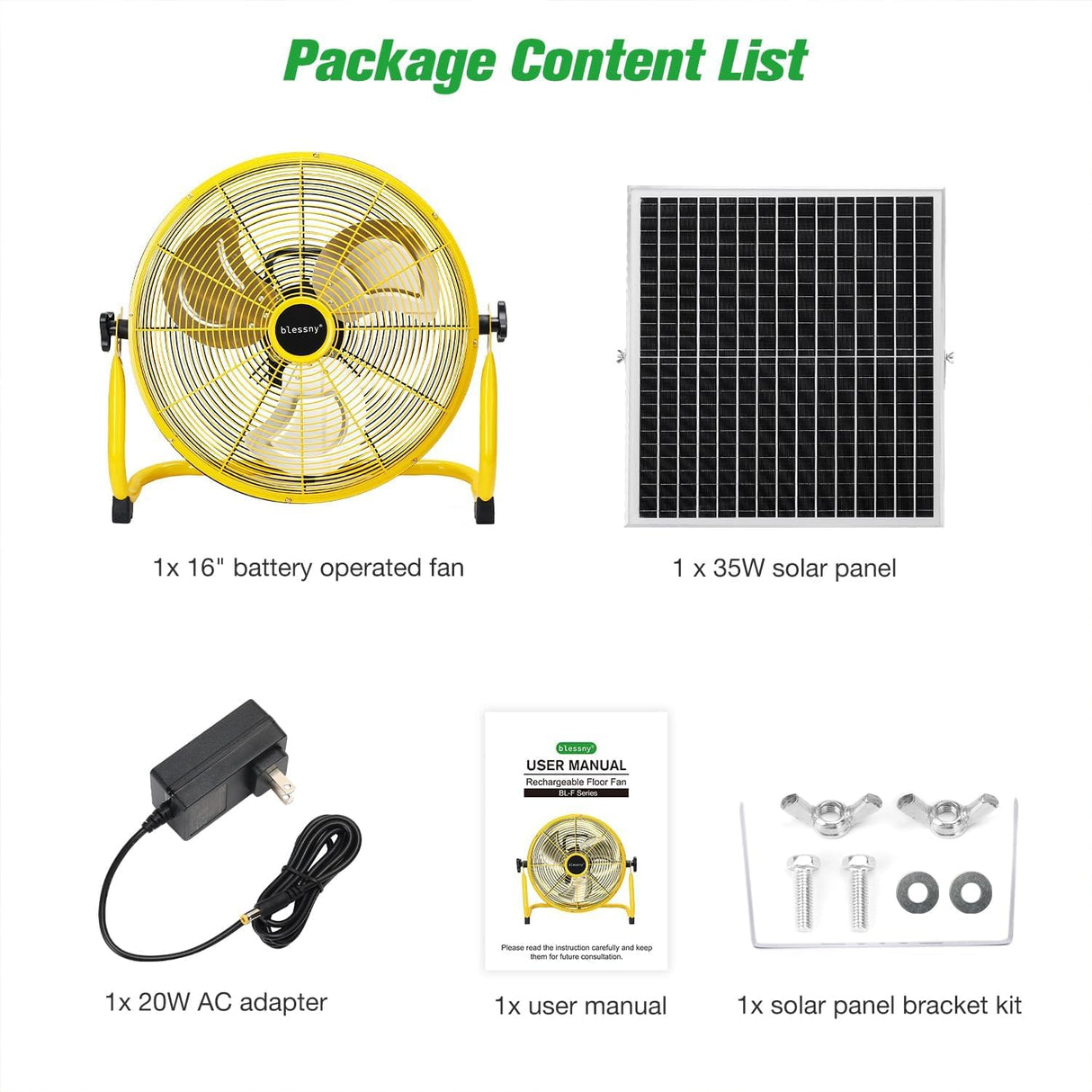 blessny 16" Large Solar Rechargeable Floor Fan with 35W Solar Panel for Home Outdoor Camping Gazebo Greenhouse Barn Poultry Pet House Cooling or Air Circulation, 23 Ft Long Cord