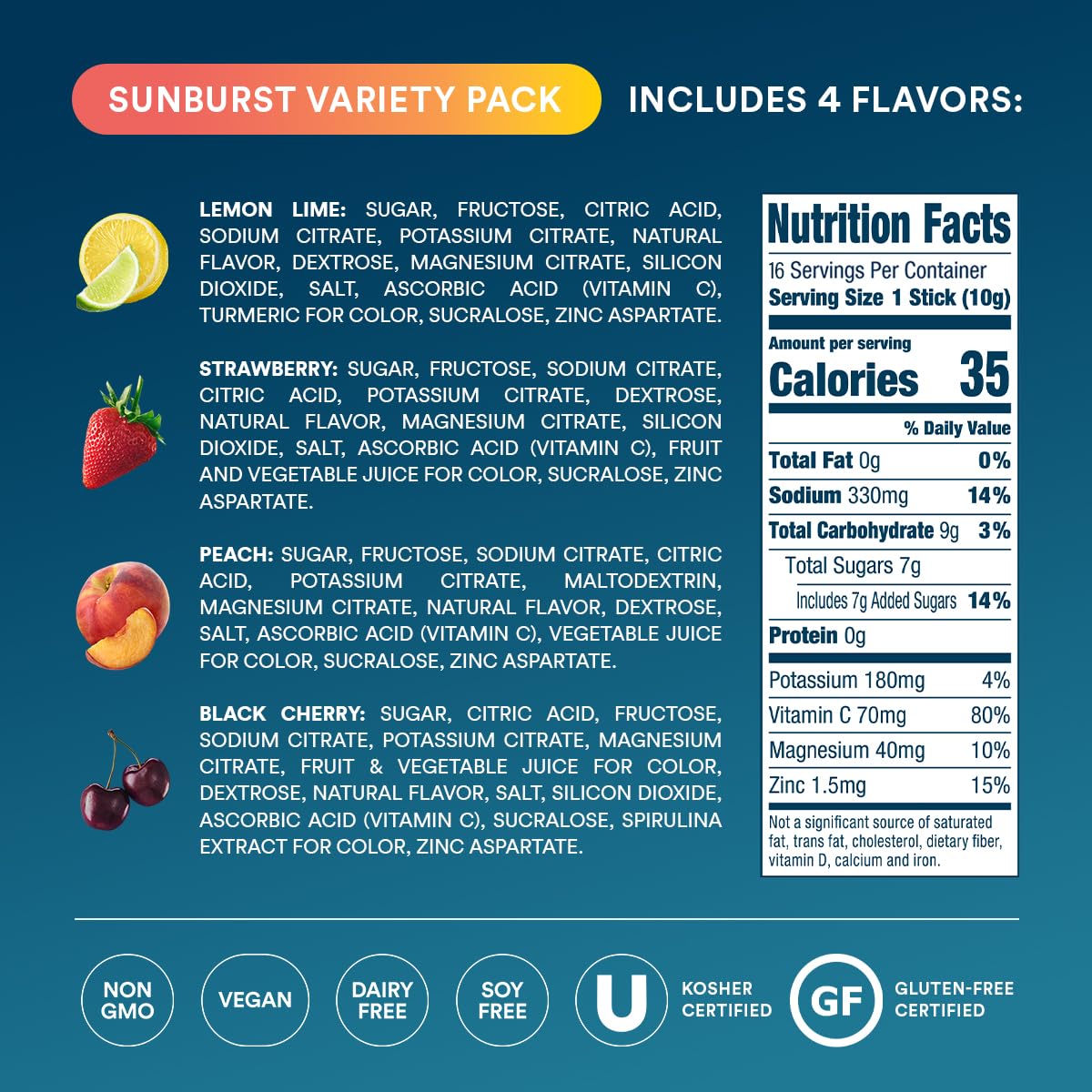 DripDrop Hydration Packets - Sunburst Variety Pack - Single Serve Electrolytes Powder Drink Mix - Lemon Lime, Strawberry, Peach, Black Cherry - Non-GMO, Gluten Free, Vegan - 16 Sticks