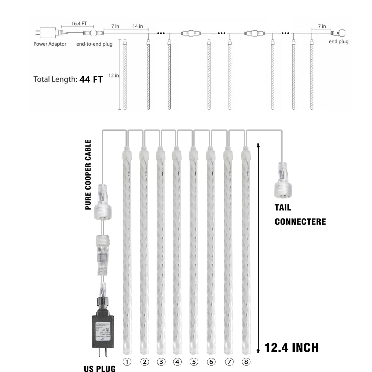 Dazzle Bright 864 LED Christmas Light, Meteor Shower Rain Lights 11.8 Inch 24 Tubes, Waterproof Plug in Falling Rain Lights Decorations for Xmas Tree Yard Party (Warm White)