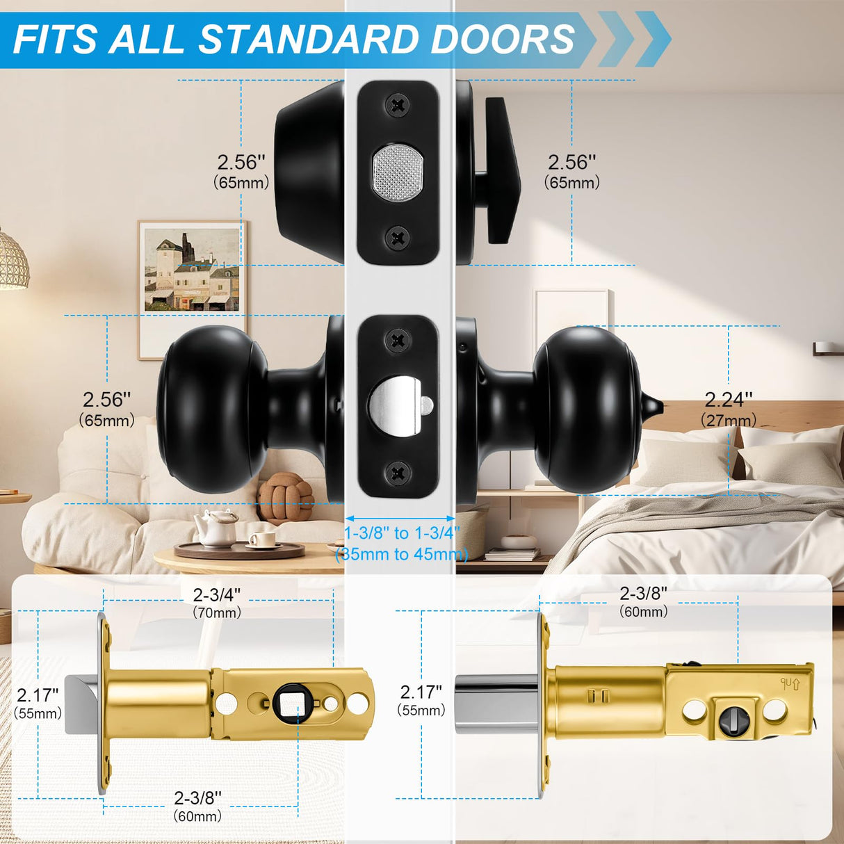 Plustool 2 Pack Front Door Lock Set Matte Black,Exterior Door Lock Set with Deadbolt,Single Cylinder Deadbolt Lock and Door Knob Set,Keyed Alike Door Knobs with Lock&Keys,Round Ball Entry Door Lockset