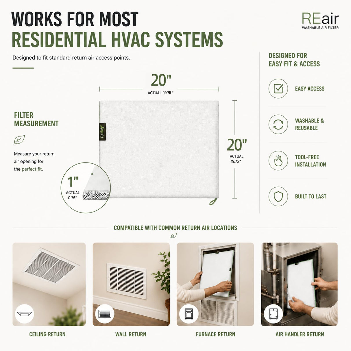 Reair 20x20x1 Air filter, Washable and Reusable Air Filter 20x20x1 for AC HVAC Furnace, MERV 8 Air Filters Machine Washable & Dryer Friendly, AC Furnace Air Filter
