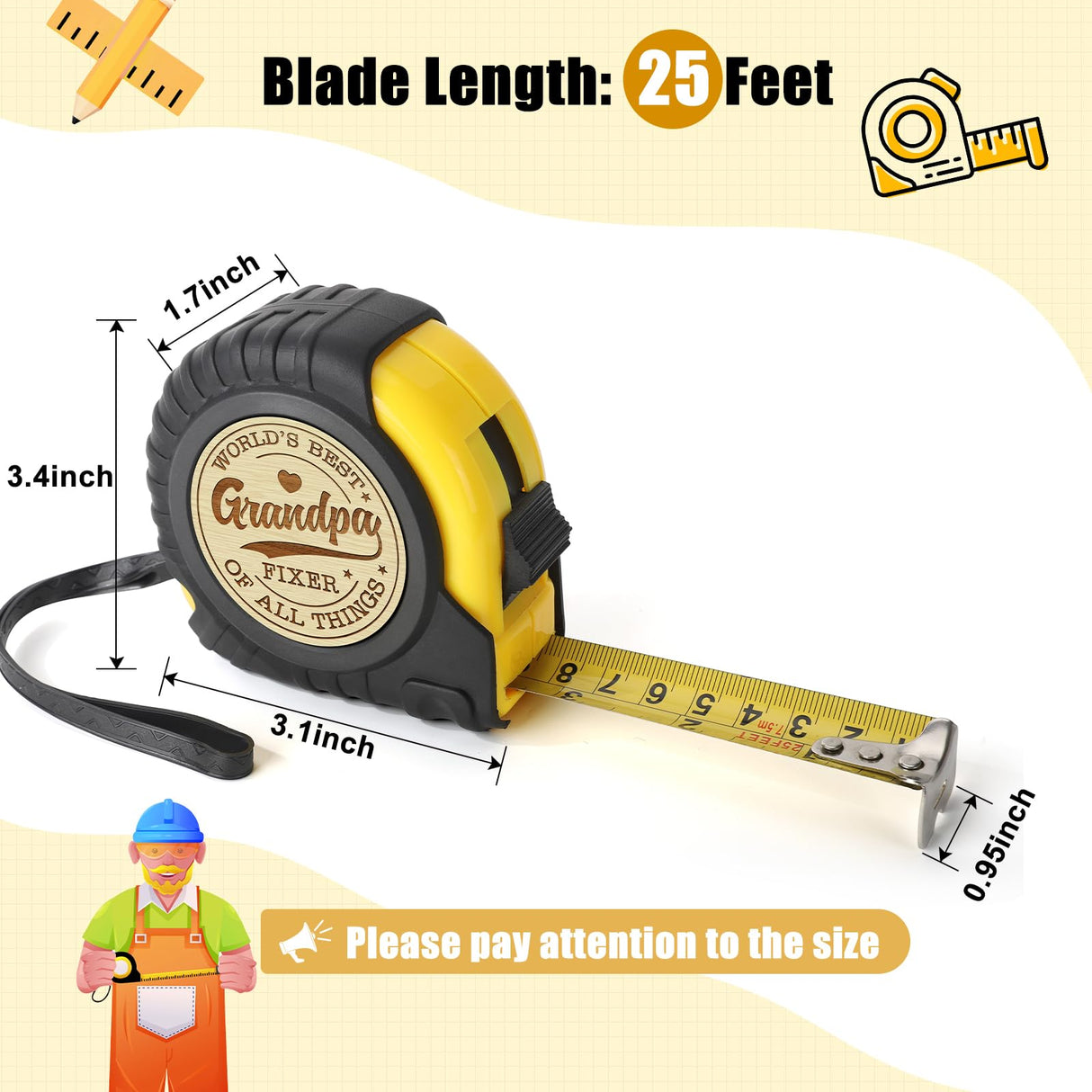 YUEYUQIU Fathers Day Grandpa Gifts from Granddaughter Grandson - Ideal Father's Day Birthday Grandparents Day Gifts for Grandpa Grandfather from Grandkids - Funny Engraved Tape Measure 25 FT Ideas