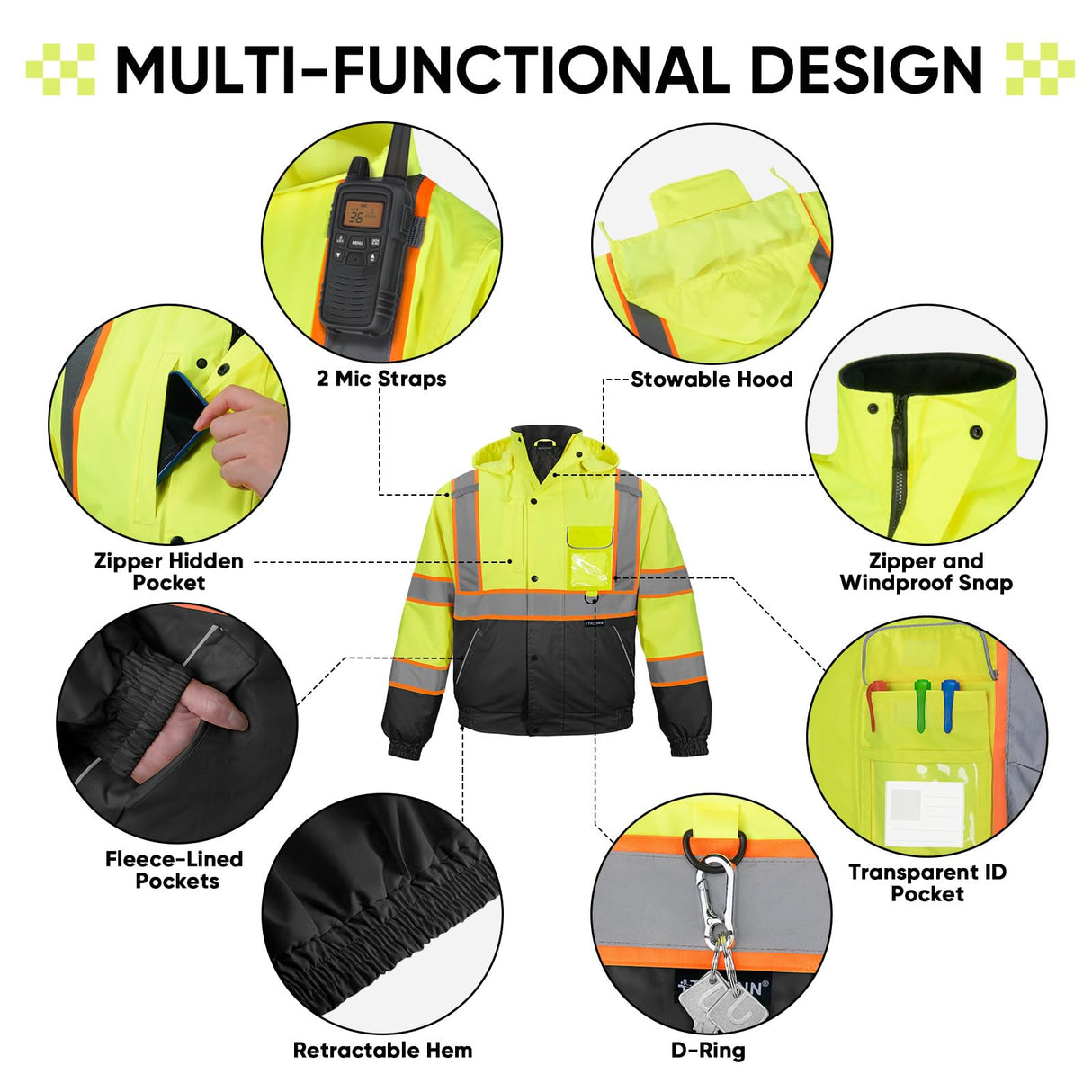 TICONN Waterproof Safety Bomber Jacket, Winter Rain Jacket Hi Vis Reflective, ANSI Class 3 Work Rain Coat (Orange, 2XL)