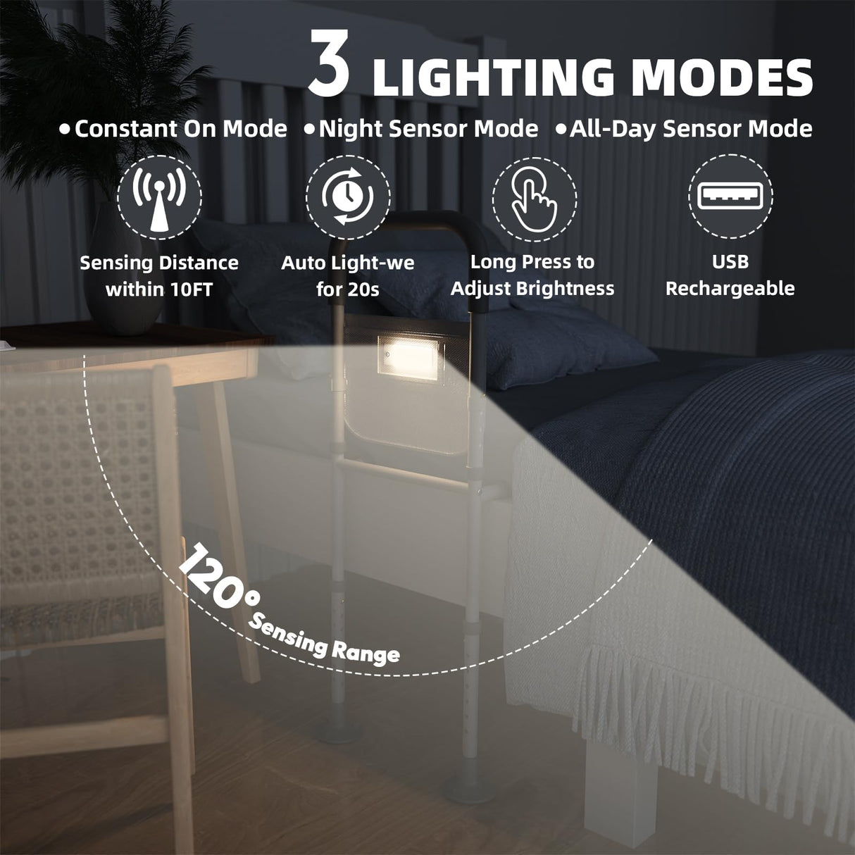 Bed Rails for Elderly Adults Safety: with Motion Sensor Light & Storage Bag -Adjustable Bed Assist Rail for Seniors - Side Bed Rail Handle Support Bar Guard Rails - Fit King Queen Full Twin Bed