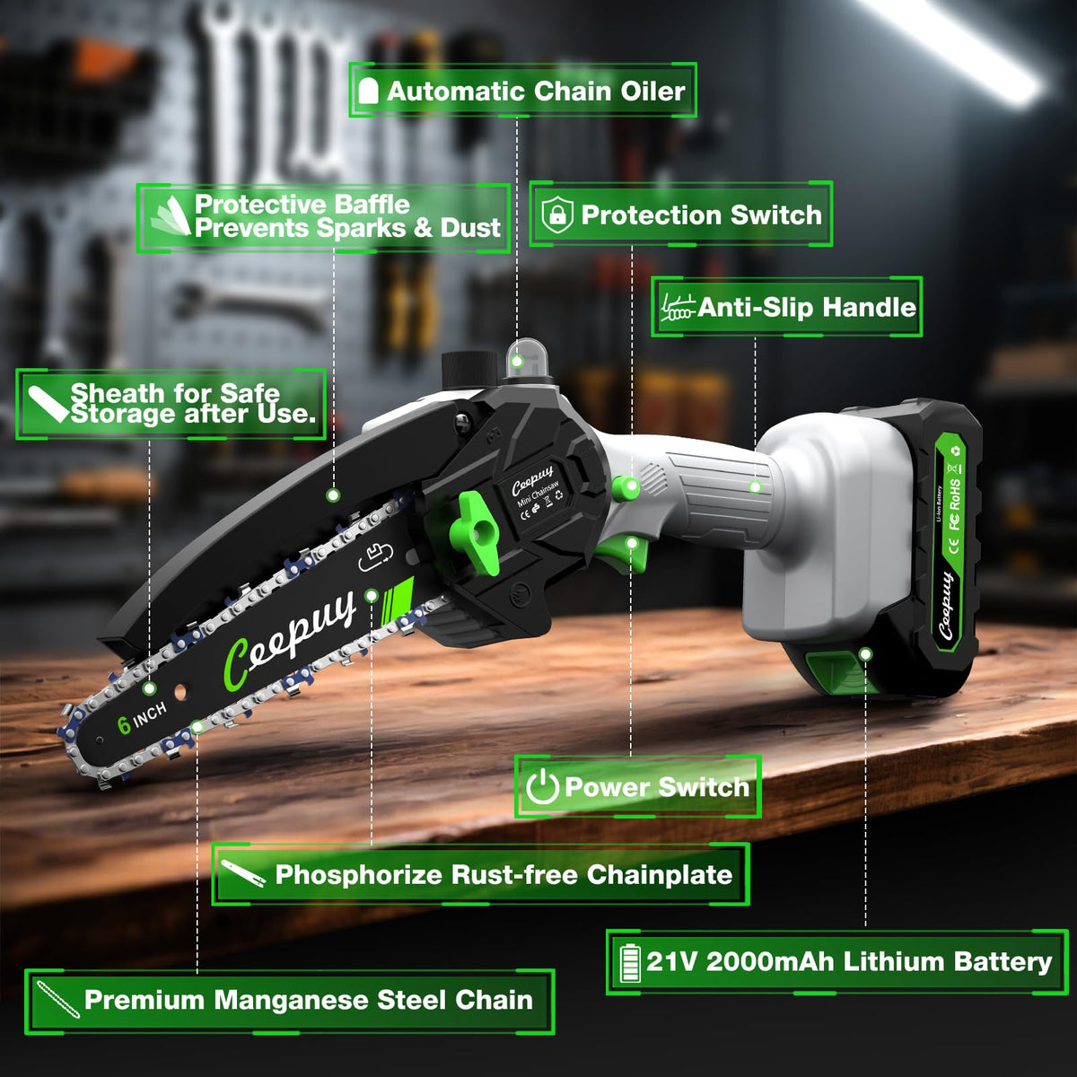 CEEPUY Mini Chainsaw Cordless,6 Inch Portable Electric Chainsaw with 2 Batterys/Automatic Oiler/Security Lock/Powered Small Handheld Saw for Trees Branches Trimming,Gifts for Father Men Dad Husband
