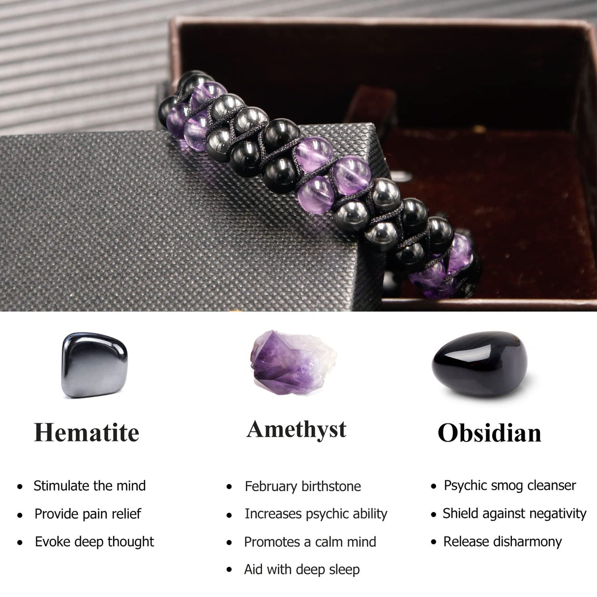 Triple Protection Bracelet for Women, Genuine Healing Crystal Bracelet Amethyst Black Obsidian Hematite 6mm, Pyramid Energy Crystal Beads Bracelet Christmas Gifts for Mom Wife for Protection Balance