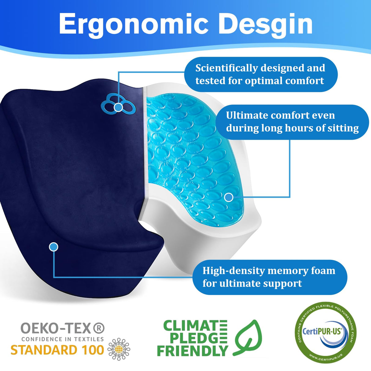 CushyOasis Seat Cushion, Chair Cushions, Office Chair Cushions, Anti-Slip Bottom & Removable Cover Tailbone Pain Relief Cushion, Memory Foam Seat Cushion for Office, Wheelchair, Car (Blue)