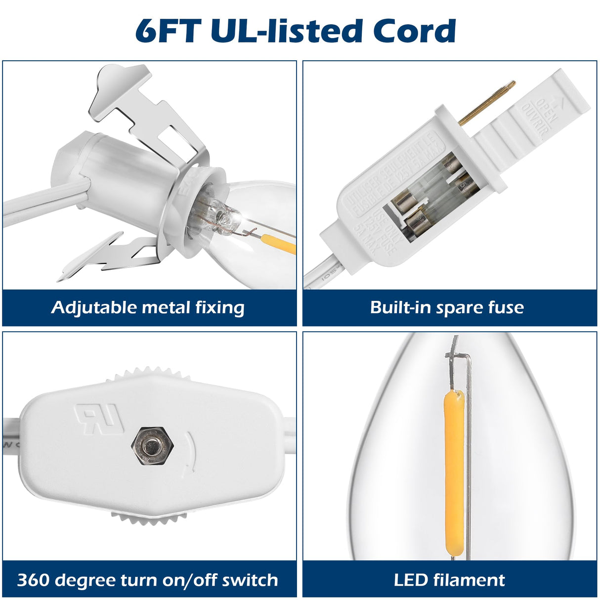 6 Packs 6ft Village Light Cord with 1W C7 LED Bulb, Salt Lamp Cord with ON/Off Switch and 2 Spare Fuses, Blow Mold Light Ideal for Christmas Village House Craft Decorations