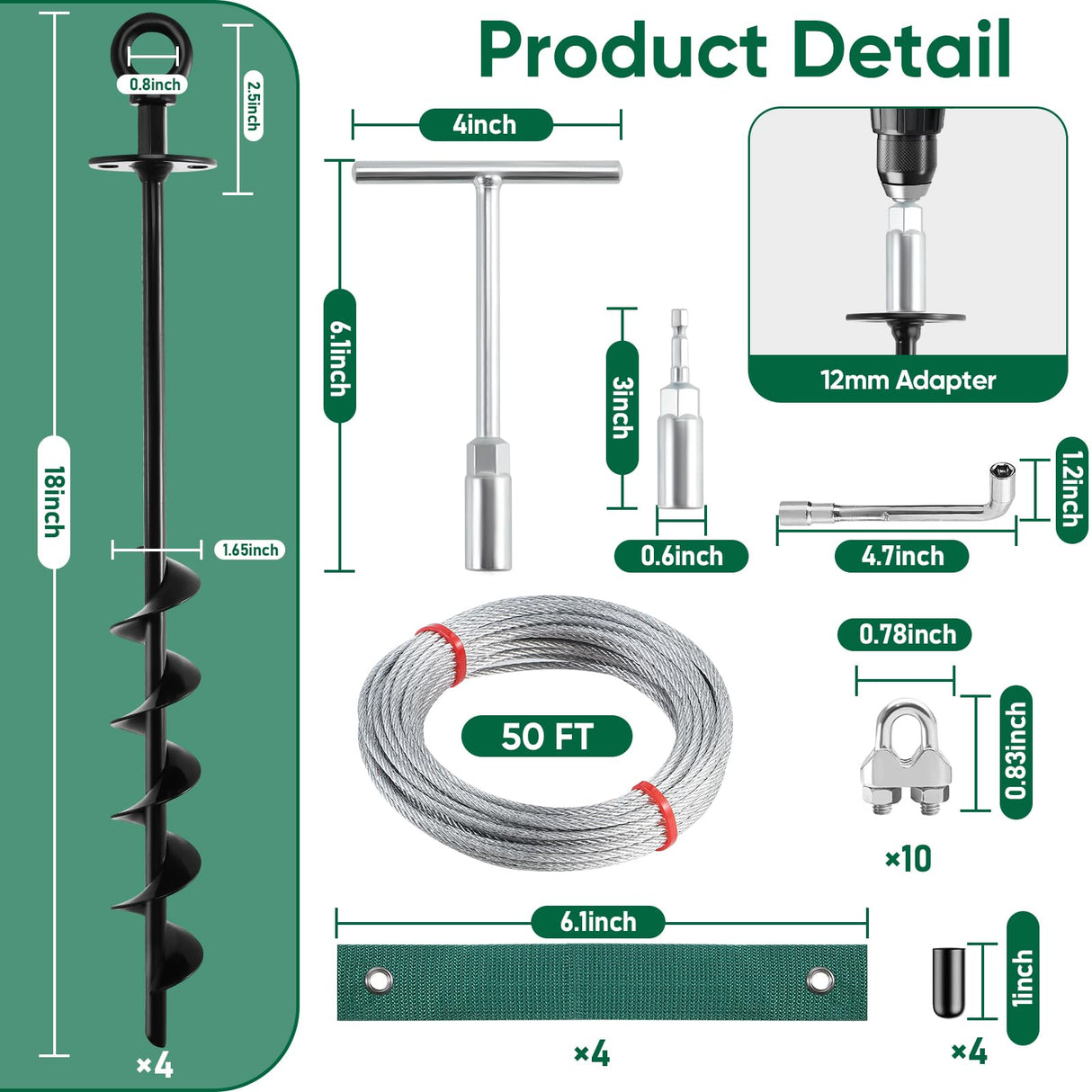 Ciyivak 18'' Ground Anchors Screw in Heavy Duty, Shed Anchor Kit with Straps & Steel Cable & Tools, Earth Anchors for Mobile Home, Carports, Swing Set, Tree, Trampoline - Secure Against High Winds(4)