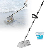 69in Effortless Sand Flea Rake - Stainless Steel Shark Tooth Sifter with Bucket, Sands Sifter Shelling Tools for Beach Metal Detecting Beachcombing