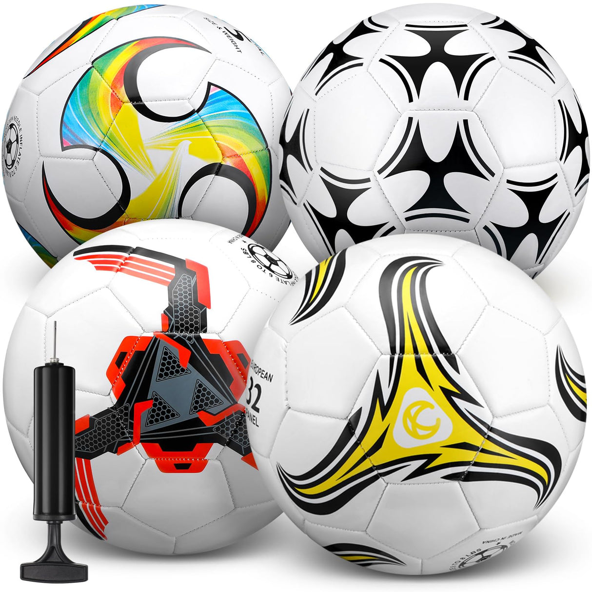 Tradder 4 Pack Operation Christmas Soccer Balls Bulk with Pump Size 3 4 5 Deflated Soccer Balls for Outdoor Indoor Sport Gift for Youth Teens Adult Charity Donation(Mixed Style,Size 5)