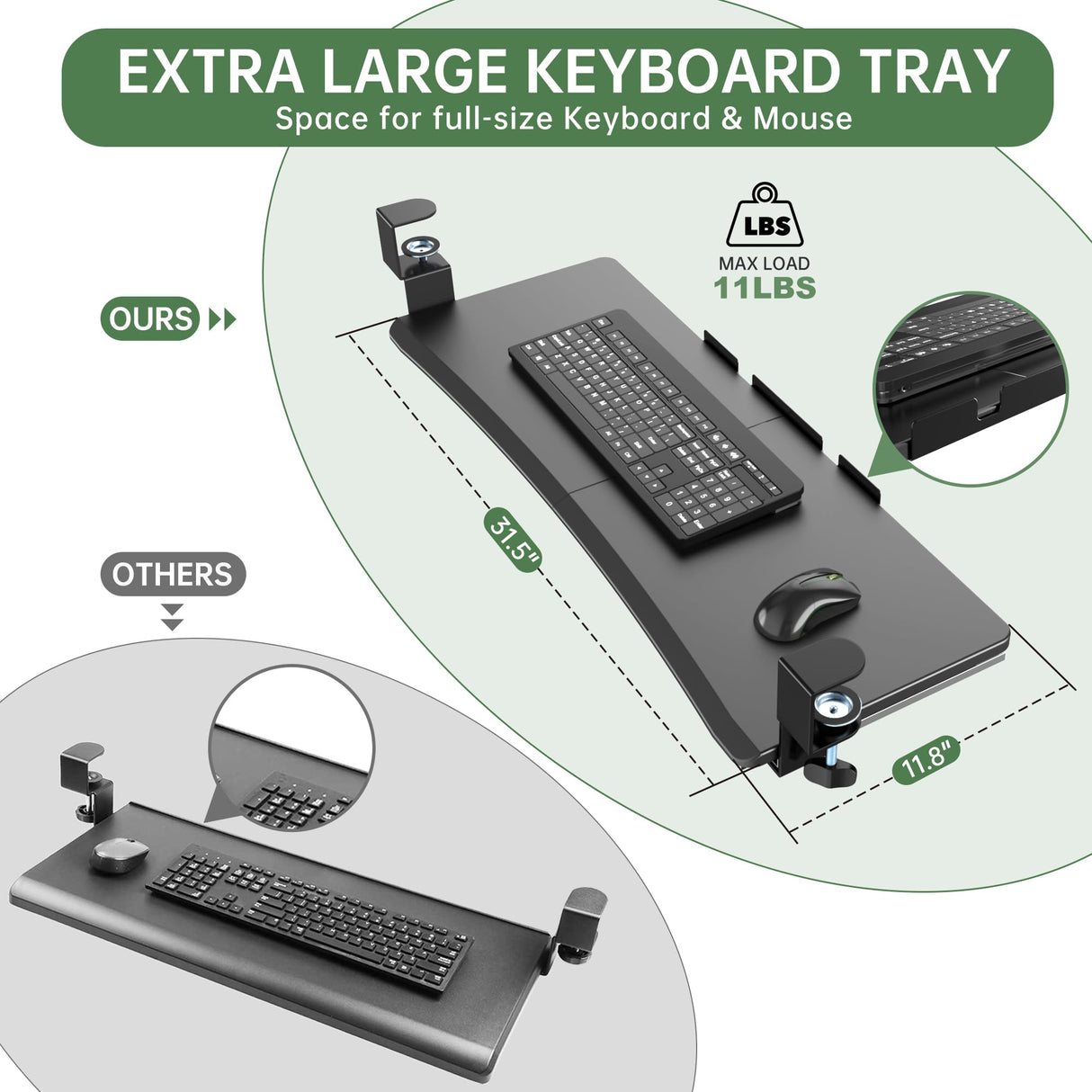UPGRAVITY Extra Large Keyboard Tray Under Desk - Slide Out with Sturdy C-Clip Mount System, 31.5" (35.8" Including Clamps) x 11.8" Put-Out Keyboard Tray Computer Drawer for Ergonomic Typing, Black