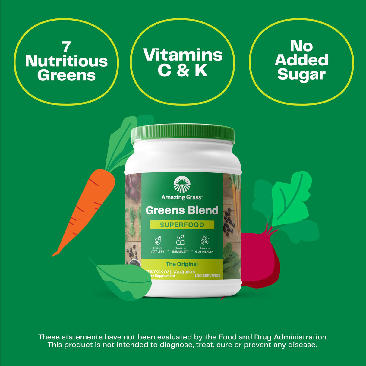 Amazing Grass Greens Blend Superfood: Super Greens Powder with Spirulina, Alfalfa, Beet Root Powder, Digestive Enzymes, Prebiotics & Probiotics, Original, 100 Servings (Packaging May Vary)