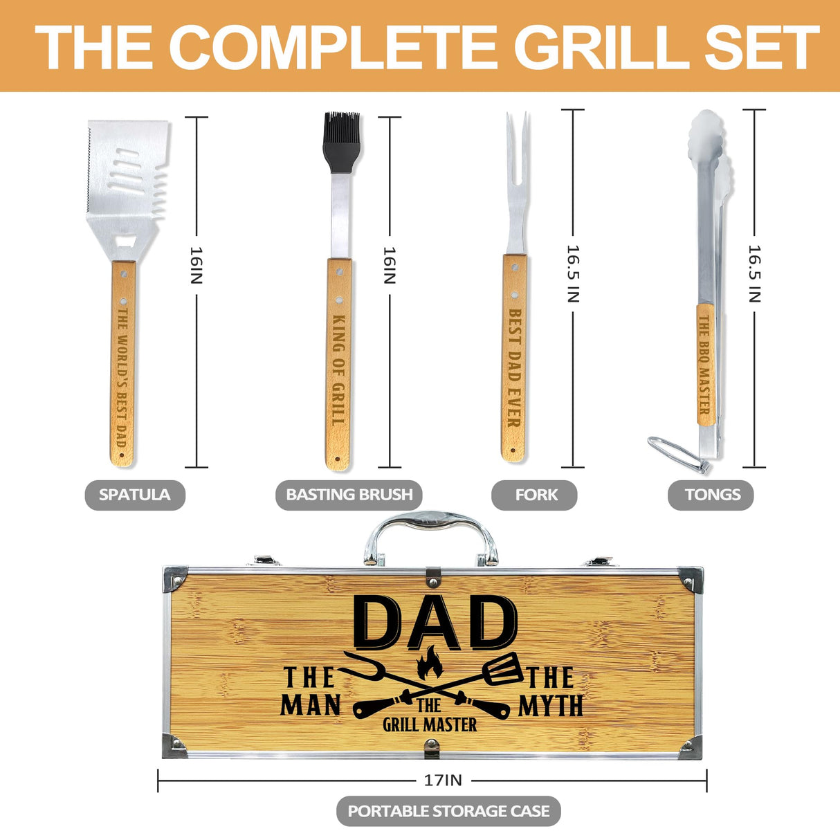 Dad Birthday Gifts from Daughter Heavy Duty Wooden BBQ Grilling Accessories Kit for Backyard, Thick Stainless Steel Grill Utensils with Non-Slip Handle Tools in Portable Bag Christmas