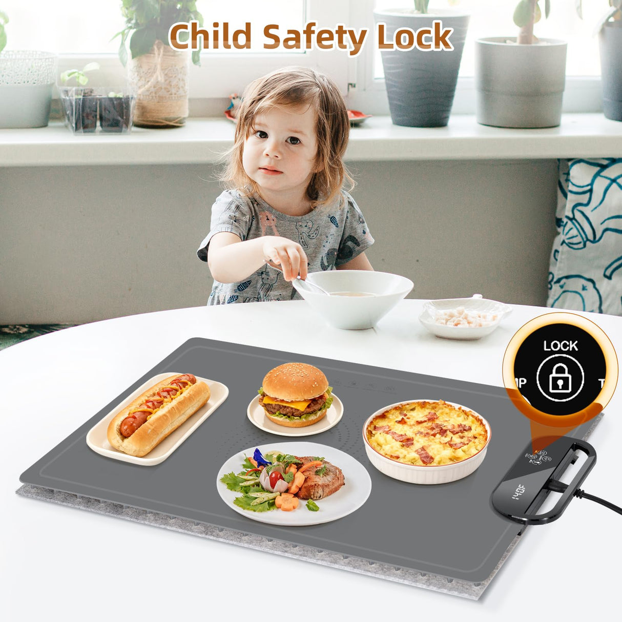 Food Warming Mat – Fast Heating Electric Warming Tray with 7 Temp Settings, 11-Hour Timer & Auto Shut-Off, Foldable Silicone Mat with Child Lock, Portable Warming Pad for Buffets, Holidays – Gray