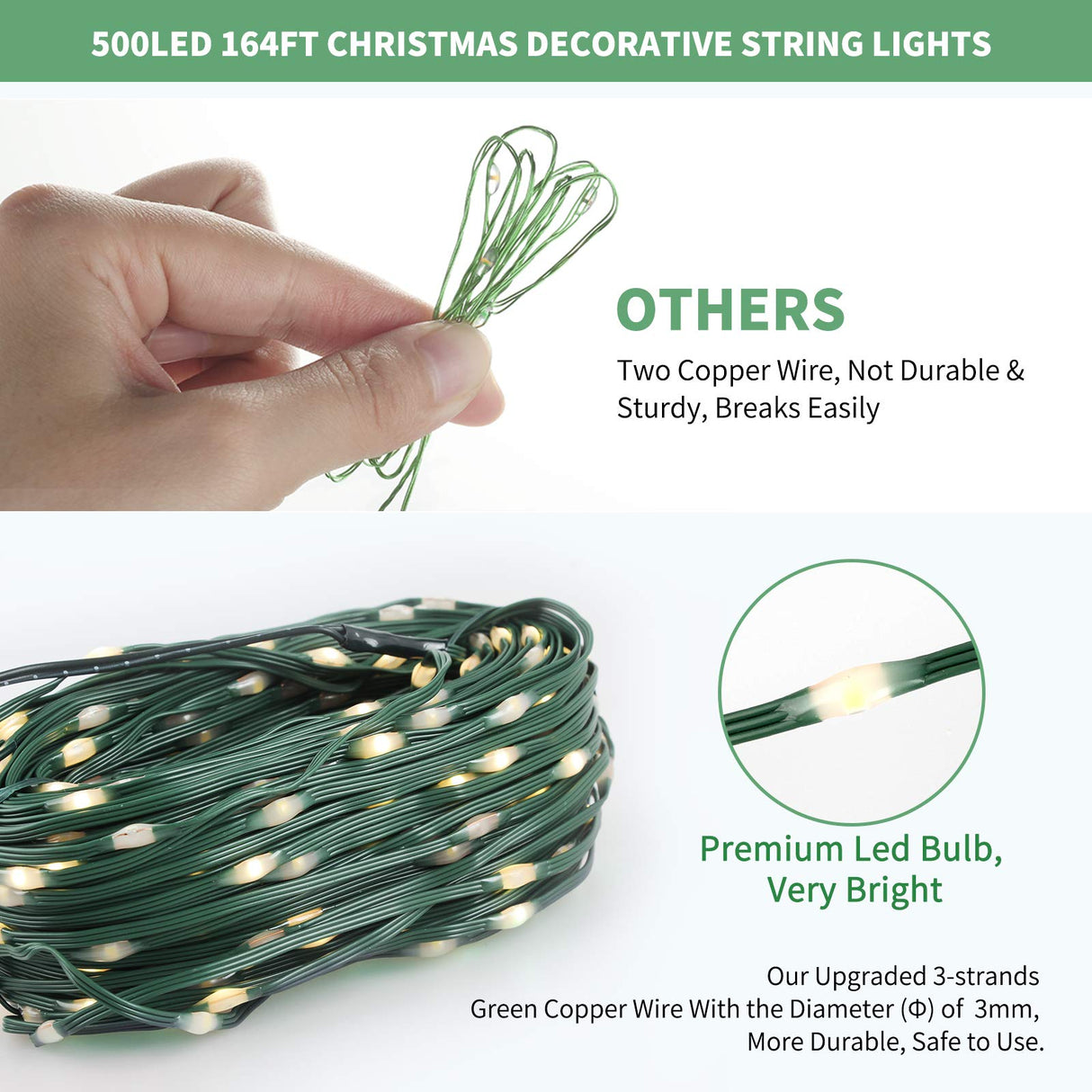 Tcamp 164FT 500 LED Christmas Lights, 8 Modes Christmas Tree Lights with Timer Memory Function, Green Wire Starry Fairy String Light for Xmas Tree Halloween Outdoor Indoor Decor (Warm White)