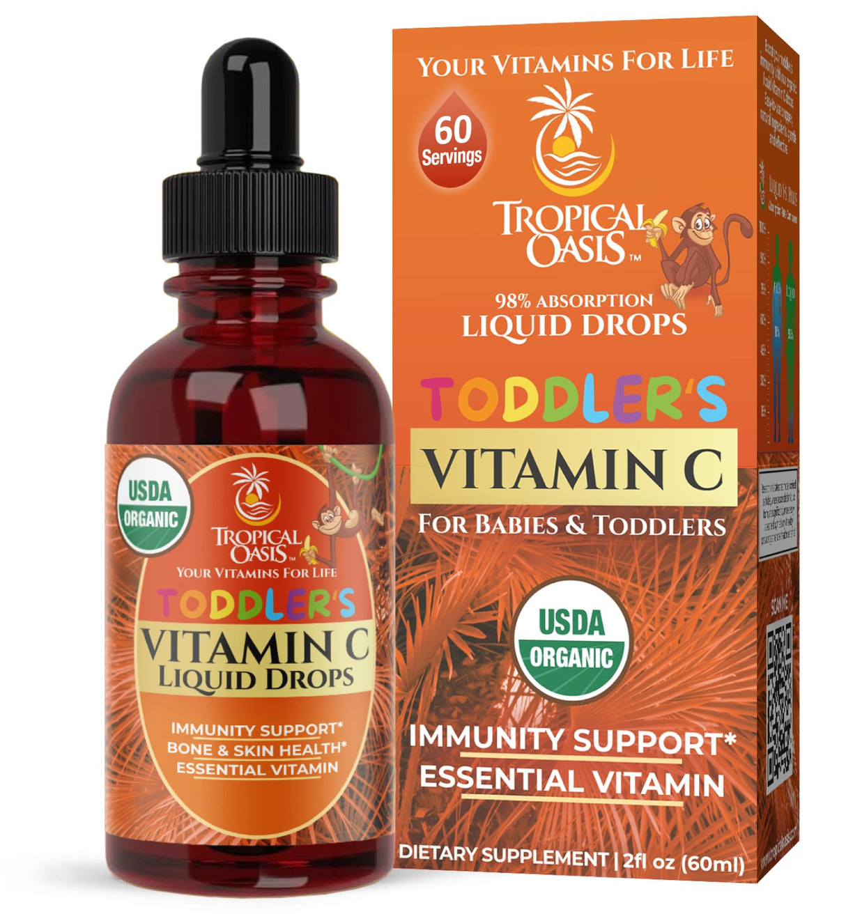 USDA Organic Toddler Vitamin C Drops | Organic Vitamin C Liquid Drops for Toddlers & Babies Ages 1-3 Years | Supports Healthy Immune System | Vegan | Non-GMO | Gluten Free | 60 Servings