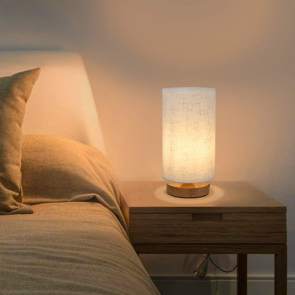 6.3in Bedside Table Lamp for Bedroom, Minimalist Nightstand Lamp with Round Fabric Linen Shade,Study Reading Desk Lamp for Kids Room, Night Table Lamp for Living Room, College Dorm, Home, Office