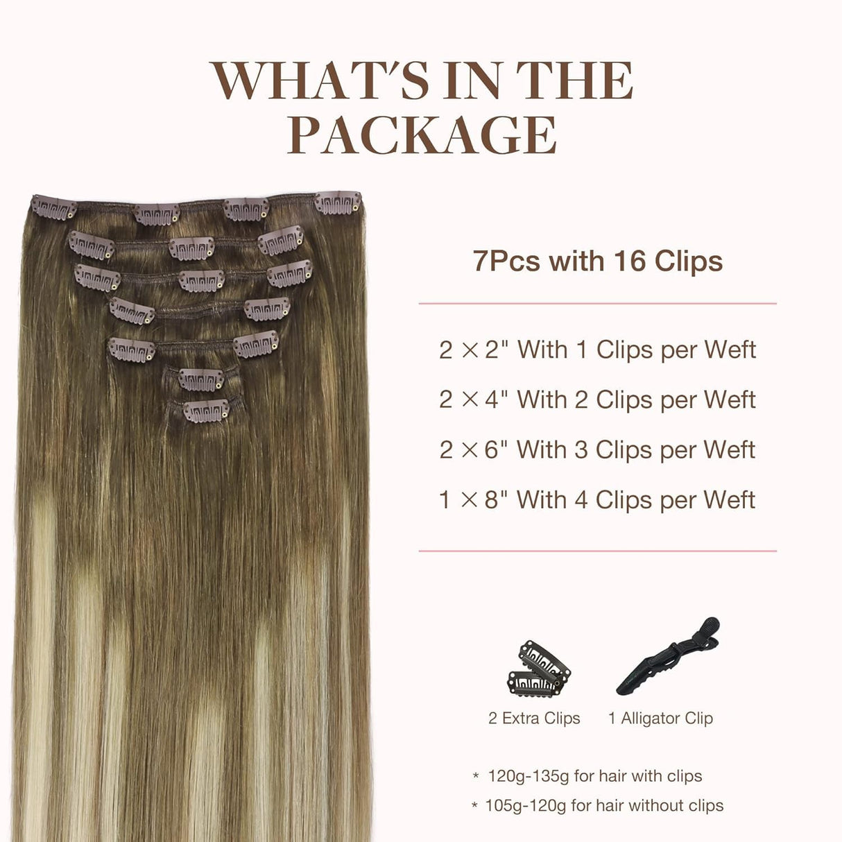 GOO GOO Clip in Hair Extensions Real Human Hair, Remy Human Hair Extensions Clip ins for Women, Natural Human Hair, 16inch 120g 7Pcs, 3/8/613 Balayage Walnut Brown to Ash Brown and Bleach Blonde