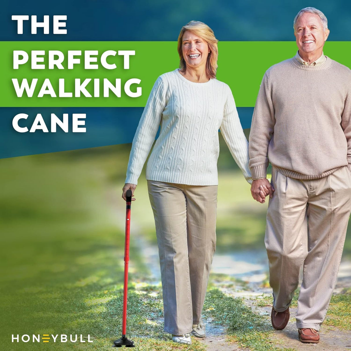 HONEYBULL Walking Cane for Men & Women Foldable, Adjustable, Heavy Duty, Free Standing, All Terrain, Collapsible Walking Sticks for Seniors & Adults (Red)
