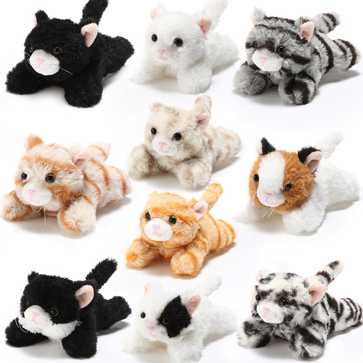 Lenwen 10 Pcs Cat Stuffed Animals Bulk Soft Cuddly Kitten Plush Sets Smitten Kittens Assorted Fluffy Stuffed Cats for Kiddos Birthday Gift Pet Party Favors Halloween Christmas Stuffers(Prone Style)