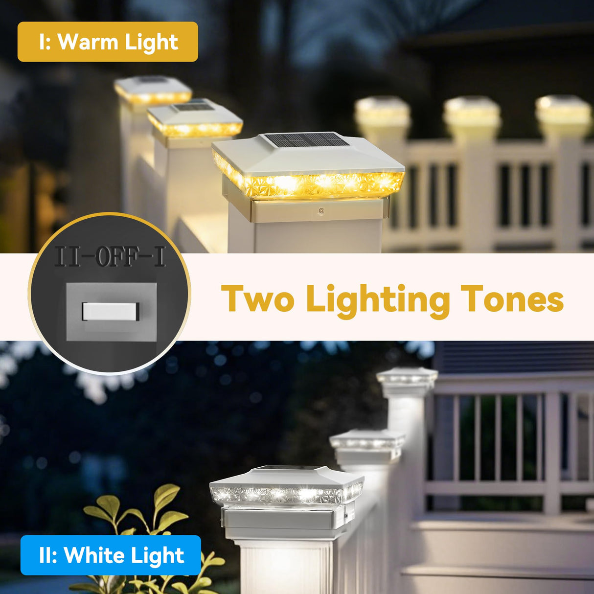 KEILAIMO Solar Post Cap Lights, 12-Pack Upgraded Outdoor Deck Fence Post Solar Lights for 4x4 5x5 Wood/Vinyl Posts, IP65 Waterproof, 10-12 Hours Warm/Cool White Glow for Garden/Patio/Porch - White