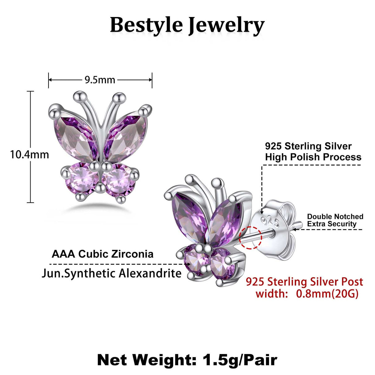 Bestyle Butterfly Earrings for Women Sterling Silver June Birthstone Alexandrite Butterflies Stud Earring Funny Cute Cubic Zirconia Earring Jewelry Mom Wife Grandma Daughter Birthday Gifts