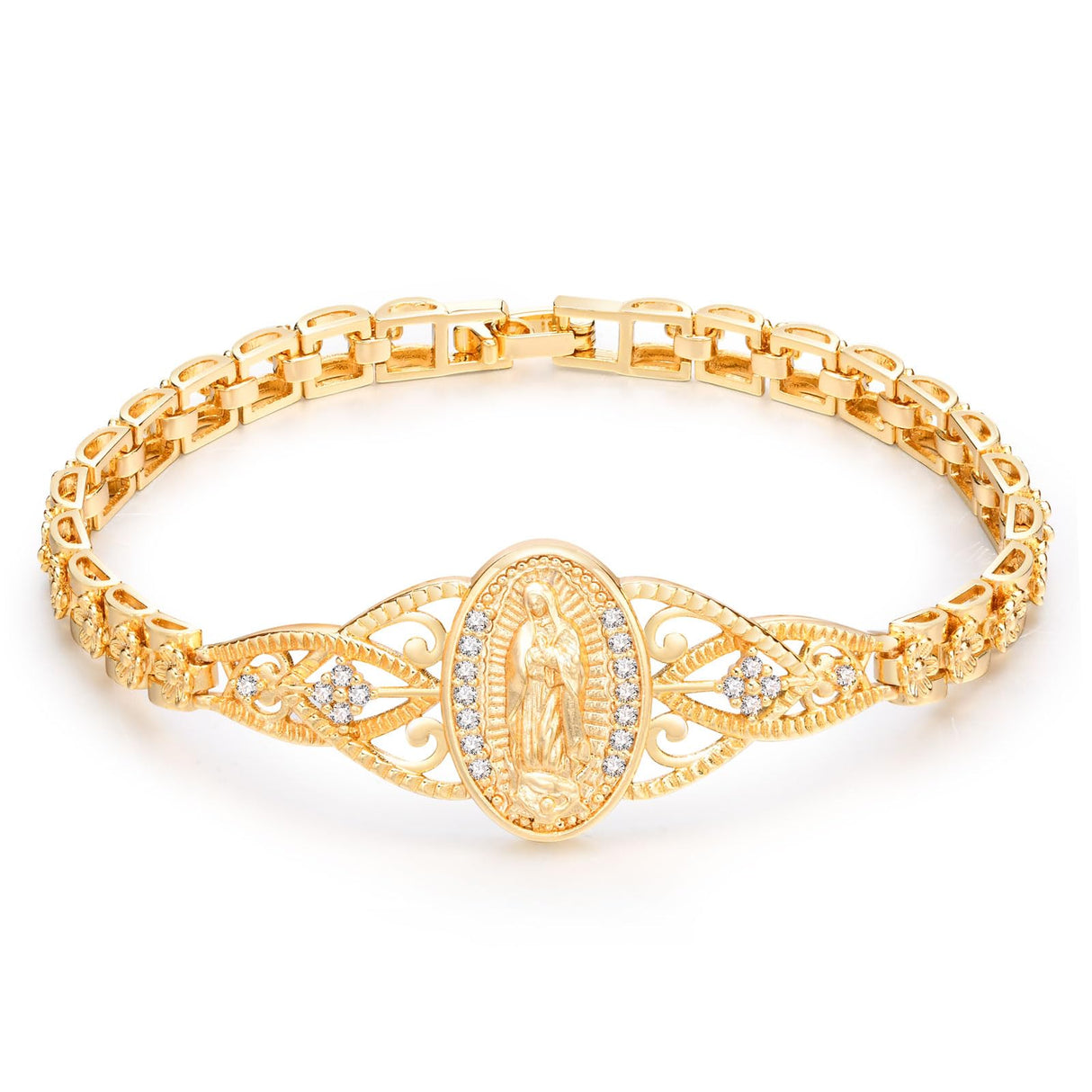 Gold Catholic Bracelet for Women-14k Gold Plated Bracelet,Hypoallergenic Non Tarnish Trendy Jewelry,Dainty Stainless Steel Cubic Zirconia Religious Baptism Virgin Mary Bracelets Gifts for Mom